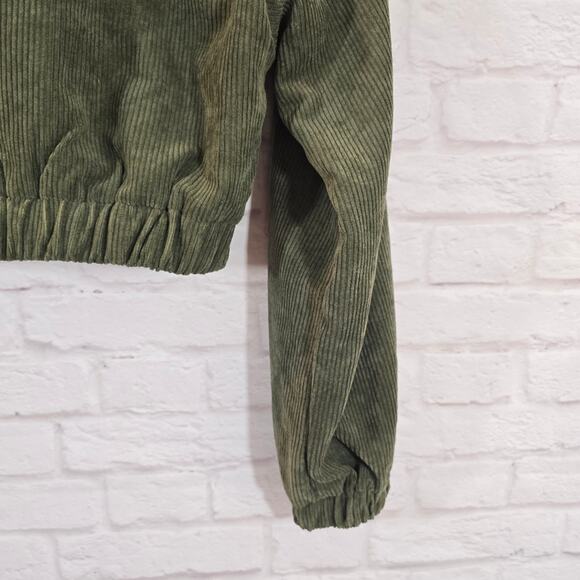 M Shein Dark Olive Green Statement Collar Corduroy Crop Top Size S Long Sleeve - Picture 7 of 9